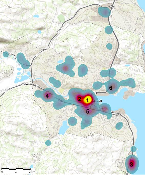 koncentrationen av anmälningar om misshandel återfanns längs Storgatan (8,7 procent) i centrala delarna av staden, benämnd 2 i figur 2, samt i området Bredsand (8,3 procent) som benämnts 3 i figur 2.