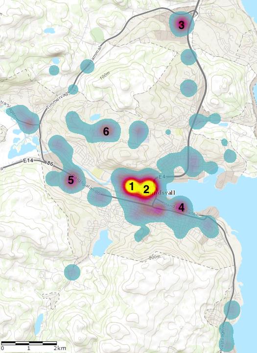 hot spotsen som tydligast skilde sig från omgivningen var Storgatan och Centrum som benämnts 1 och 2 i figur 9.