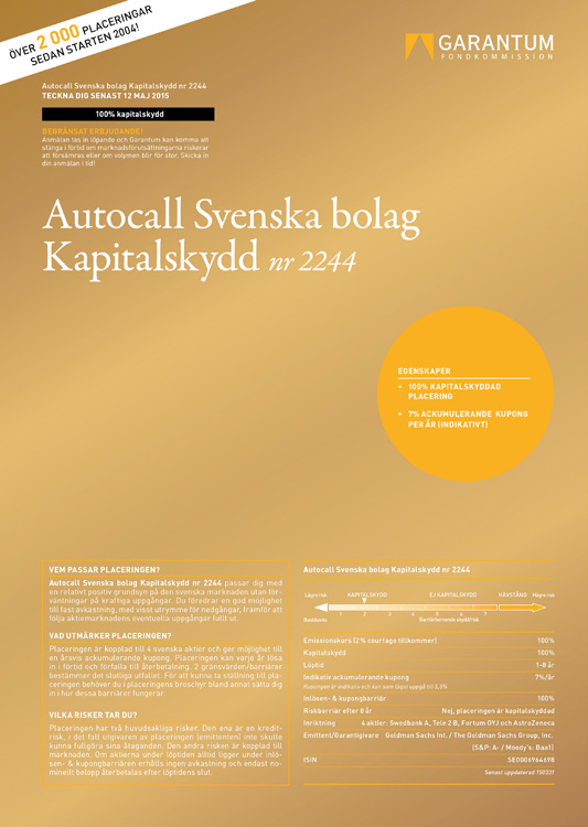 Autocall Svenska bolag Kapitalskydd nr 2317 Autocall Svenska bolag Kapitalskydd nr 2317 Möjlighet till en årligt ackumulerande kupong om indikativt 7%. Sammanlagt 56% över 8 år.