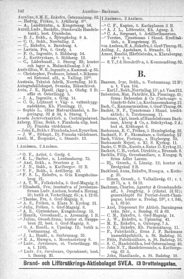 142 AureliusBackman. Aurelius, S.M,E., Enkefru, Östermalmsg. 62"1 Axelsson 2 Axelson. Hedvig, Fröken, ö. Artillerig. 8IV.' A., Landträntm., n. Kungstensg. 56. _1 C. F., Kapten, ö. Karlaplanen 3 B.