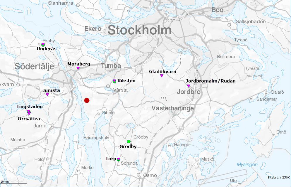 2 (4) KOMPLETTERING DNR: 551-3824-15 Datum: 2016-03-15 Figur 1: Utdrag över befintliga täkter i Stockholms- och Södertäljeområdet. Svevias sökta täktläge markerat med röd cirkel.
