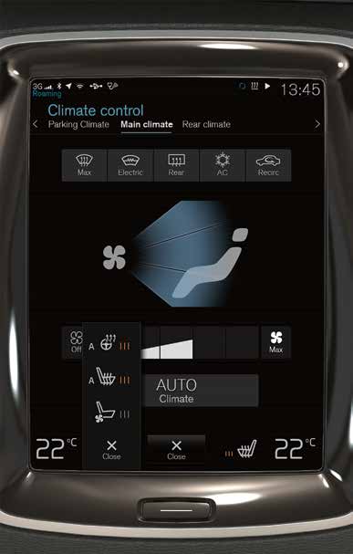 REGLERA BILENS KLIMAT 01 Klimatanläggningens funktioner för främre och bakre delen av kupén regleras från centerdisplayen, med fysiska knappar i mittkonsolen och klimatreglage* bak på tunnelkonsolen.