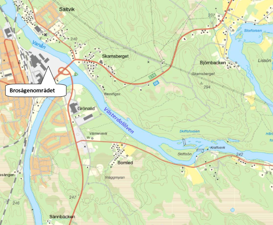 Figur 2. Vanån och Västerdalälven kan påverkas av en eventuell utfyllnad. 5 Utförande sedimentprovtagning Provtagning utfördes från is 2015-03-12 med hjälp av en Rysskannborr.