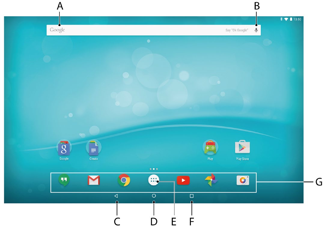 8) Komponenter på startskärmbilden A) Google -sökning B) Google -språksökning C) Tillbaka till föregående skärmbild D) Home-ikon