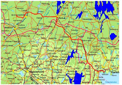 Figur 20. Fallstudie 3, en transport (röd linje) från Svenshult norr om Markaryd till Mörrums bruk.