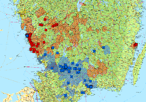 Figur 2. Arbetsområde för T1 (röd) och T4 (blå), Götaland. Lastning av rundvirke markeras med streckat område, lossning (inklusive omlastning) med kvadrat.