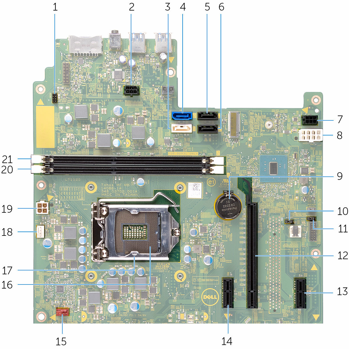 Komponenter på moderkortet 1 kontakt för strömbrytarkabel (PWRSW1) 3 kontakt för datakabel för optisk enhet (HDD1) 5 kontakt för datakabel för sekundär hårddisk (HDD3) 2 kontakt för strömkabel till