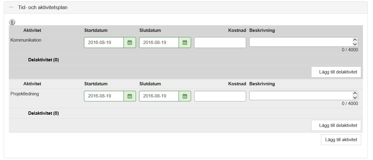 Min ansökan Tid- och aktivitetsplan Klicka Lägg till för att ange en aktivitet.