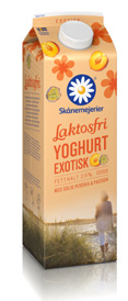 Skånemejerier Laktosfri Yoghurt Exotisk Gable Top 1 000 g Antal/förp 6 Art nr 53023 Skånemejerier Drickyoghurt Hallon & Rabarber med mindre socker Antal/förp 8 Tetra Top 330 ml Art nr 53332