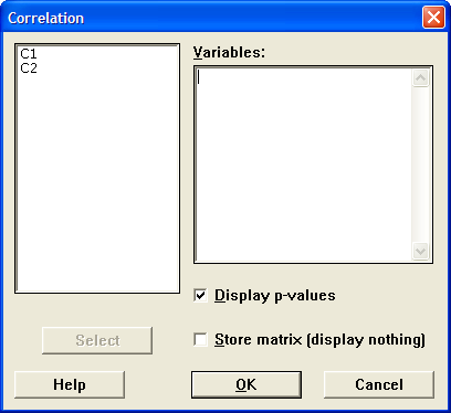 Här kan ni nu välja för vilka variabler korrelationer skall beräknas. Välj därför både C1 och C2 i fältet under Variables och klicka på OK. Studera utskriften i Session-fönstret.