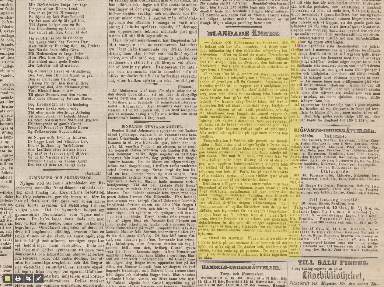 Att hantera felegrafen: Textanalys av smutsiga tidningar Aftonbladet kunde i en notis i oktober 1847 rapportera att ny teknik inte alltid är att lita på när åskan fått den elektriska telegrafen att