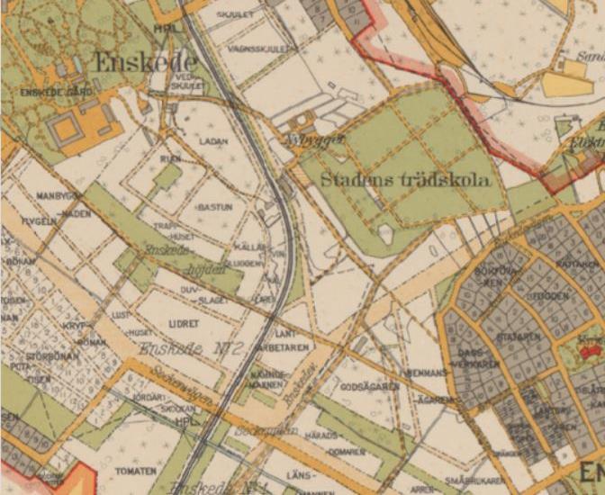Figur 65 Karta uppmätt 1844 och översedd 1891. Området för dagens Sockenplan. Dalgången där Enskedevägen ligger finns öster om Ryttarstugan.