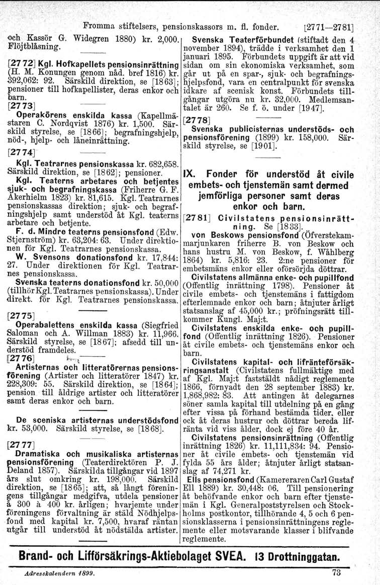 Fromma stiftelsers, pensionskassors m, fl. fonder. L2771-2781] och Kassör G. Widegren 1880) kr. 2,000. Svenska Teaterförbundet (stiftadt den 4. Flöjtblåsning.