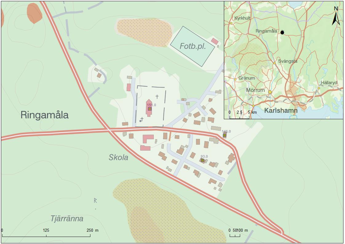 Figur 1 Översiktsbild för Ringamåla samhälle. 4 BESKRIVNING AV VATTENVERKSAMHETEN 4.1 Vattentäktens utformning Verksamheten består av uttagsbrunnen vid Prästgården, den s.k. Prästgårdsborran.