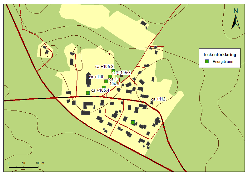 Figur 3 Grundvattennivåer angivna i tillgängliga borrprotokoll för energibrunnar i Ringamåla.