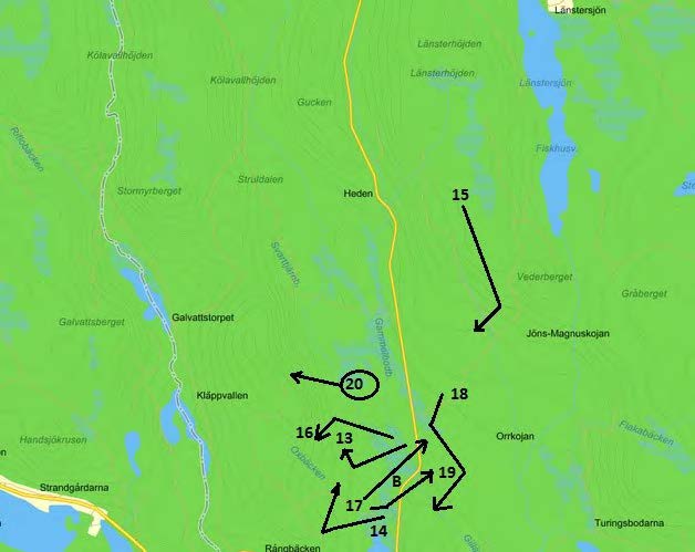 blandskog av björk, gran och tall. Rutten slutar dock vid en liten torrmyr med dvärgbjörk. Börjar vid: x = 6935169, y = 1442060. Rutten slutar vid: x = 6934688, y = 1442623.