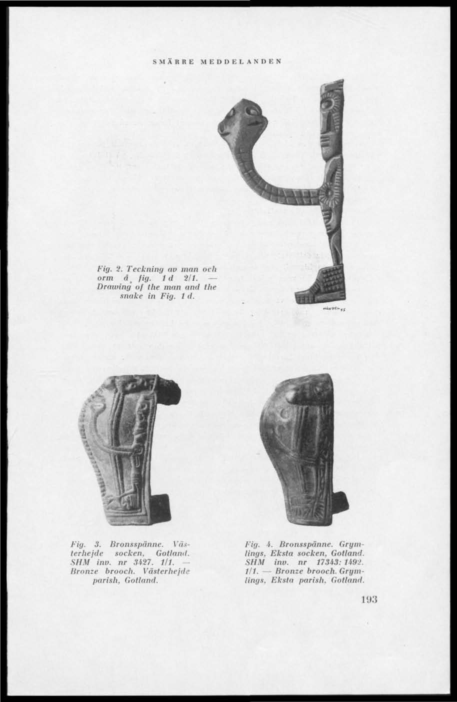 M B ÖDELANDEN Pig. i. Teckning uu man och orm å_ fig. Id 2/1. Drawing of the man and the make in Fig, 1 d. Fig. 3, Bronsspännc. Västerhejde socken, Gotland. SHM inv. nr S4S7. 1/1.