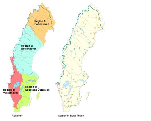 Figur 1. Den regionindelning, och stationsurvalet för höga flöden, som användes i denna rapport. Tabell 1. Arealer för de använda regionerna och antal stationer i varje region i de olika analyserna.