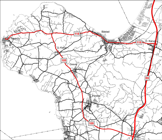 TR A FIK Nuläge, problem och förutsättningar Båstads kommun är en halvö som korsas i öster av järnvägen (Västkustbanan) och tangeras av motorvägen E6.