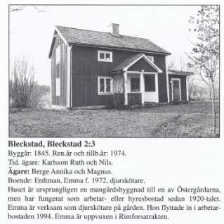 Bleckstad 2:3 20 Maria Sofia Berge 30/4 1992 Källa (3) Ägare se ovan 2:3 Ursprungligen mangårdsbyggnad till en av Östergårdarna, men varit arbetar- och hyresbostad sedan 1920-talet.