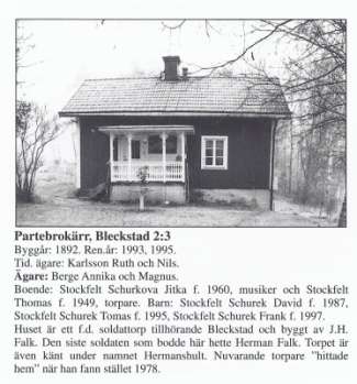 Bleckstad 2:3 Partebrokärr 25 Källa (3) F d Soldattorp, Hermanshult Herman Falk, siste boende soldaten J H Falk, byggde torpet Ägare, se ovan 2:3 1997 Thomas Stockfeldt, torpare (B fr 1978) 1949