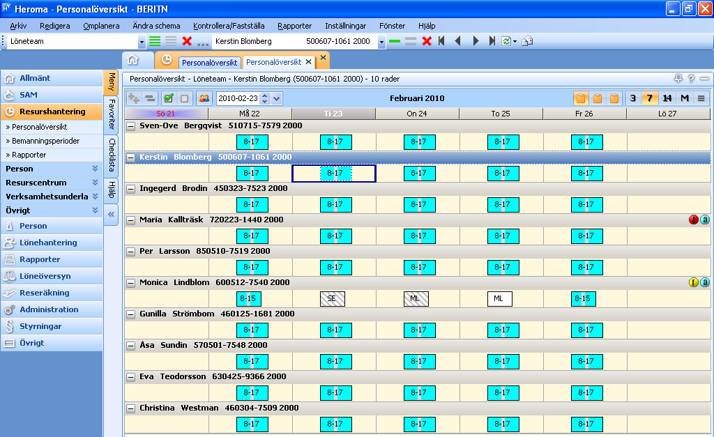 Registrera och godkänna en arbetstidsförändring i version Heroma t ex övertid 1. Klicka på Resurshantering i menyn till vänster och sedan Personalöversikt. En tom personalöversikt öppnas. 2.