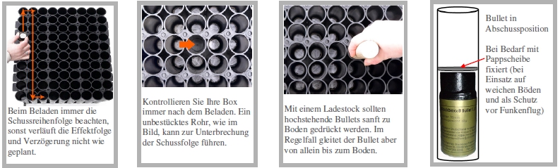 TIPS: Efter att ha laddad Blackboxxen kan man sätta en pappskiva i varje rör. Pappskivan förhindrar att en Bullet tänds i förtid av nedfallande glöd från andra fyrverkerier.