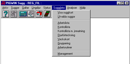 8. Suggdata De flesta av de utdatalistor och inmatningslistor som används i det dagliga arbetet finns under menyrubriken Suggdata. När man klickar på Suggdata visas bild 8-1. Bild 8-1.