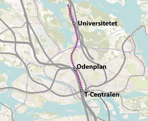 13 ROSLAGSBANAN CITY, UNIVERSITETET ODENPLAN T-CENTRALEN UTFORMNING Förlängningen av Roslagsbanan mellan Universitetet och T- Centralen via Odenplan föreslås gå i bergtunnel hela sträckan.