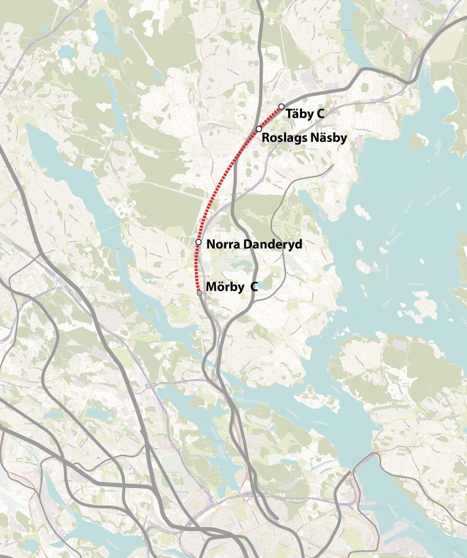 14 TUNNELBANA MÖRBY CENTRUM TÄBY CENTRUM * ingen successiv kalkylering genomförd UTFORMNING Förlängningen av befintlig röd tunnelbana mellan Mörby centrum och Arninge föreslås gå i bergtunnel hela