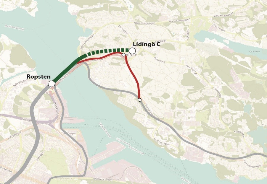 17 LIDINGÖBANAN VIA LIDINGÖ C UTFORMNING (röd linje i kartan) Omdragningen av Lidingöbanan-Spårväg city mellan Ropsten och Lidingö Centrum startar på Lidingösidan av den planerade gång-, cykel- och