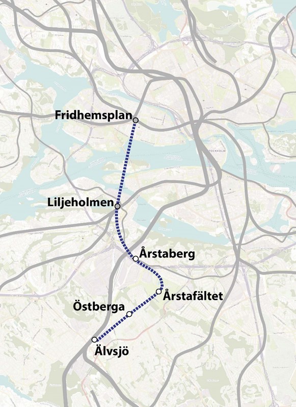 18 TUNNELBANA ÄLVSJÖ FRIDHEMSPLAN UTFORMNING Tunnelbanan föreslås gå i bergtunnel under Riddarfjärden och Liljeholmsviken och når stationerna Fridhemsplan och Liljeholmen under befintliga spår.