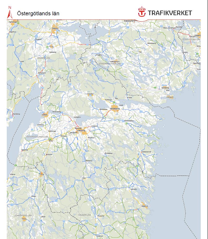 I Figur 11 redovisas som ett exempel flödeskartan för Östergötlands län. Figur 11 Trafikverkets trafikflödeskartor för motorcykel gällande Östergötlands län. Källa: Trafikverket. 5.1.3 Resvaneundersökningen RVU Den nationella resvaneundersökningen RVU Sverige startade 2011 och kommer att pågå åtminstone till och med 2014.