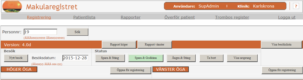 Fyll i kliniknamn, användarnamn och lösenord som Ni har fått från RC Syd Karlskrona.