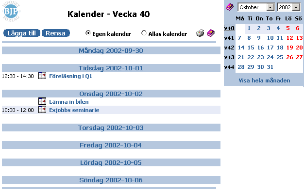 19 5.9 Kalendern Modulen Kalendern fungerar som en kalender där användaren kan lägga upp aktiviteter precis som en fickalmanacka eller Microsofts program Outlook.