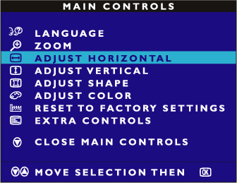 4) Tryck på eller knappen för att ställa in ZOOM. 5) Tryck på knappen för att bekräfta ditt val och återgå till MAIN CONTROLS-fönstret. CLOSE MAIN CONTROLS kommer att markeras.