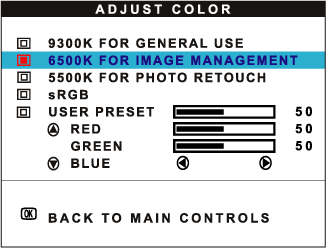 1) Tryck på knappen på monitorn. MAIN CONTROLS-fönstret visas. 2) Tryck på knappen tills ADJUST COLOR har markerats. 3) Tryck på knappen. ADJUST COLOR-fönstret visas.