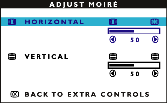 3) Tryck på knappen. EXTRA CONTROLS-fönstret visas. ADJUST MOIRE kommer att vara markerat. 4) Tryck på knappen.