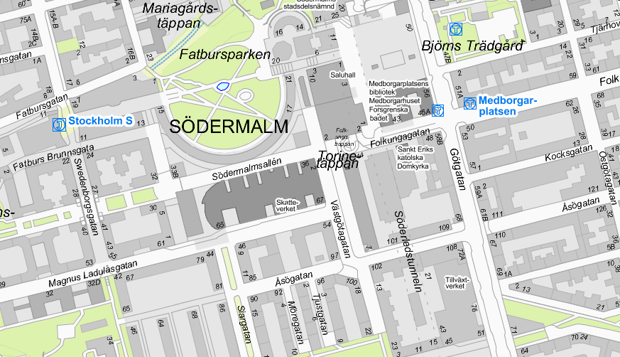Pendeltåg 500 meter Fatburen 1 Med tunnelbana Till t-banans gröna linje vid Medborgarplatsen är det bara någon minuts promenad. Till Slussen tar det cirka 10 minuter att gå.