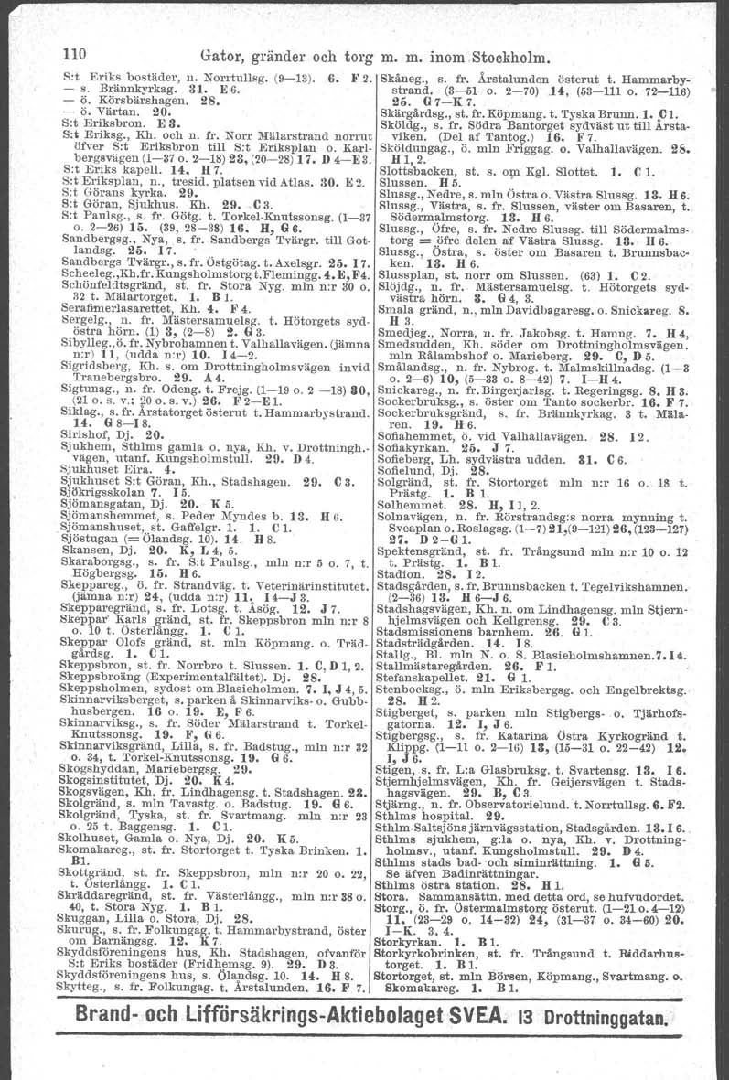110 Gator, gränder och torg m. m. inom Stockholm. S:t Eriks bostäder, n. Norrtutlsg. (9-13). 6. }' 2. - s. Brännkyrkag. 31. E 6. - ö. Körsbärshagen. 28. - Ö. Värtan. 20. Sot Eriksbron. E 8.