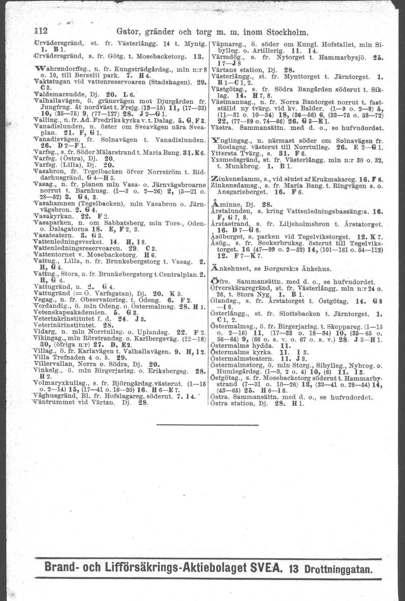 112 Gator, gränder och torg m. m. inom Stockholm. Urvädersgränd, l. BL lljrvädersgränd, s. fr. Götg. t. Mosebacketorg. 13. st. fr. Västerlångg. H t. Myntg. Väpnareg., Ö. söder om Kungl.