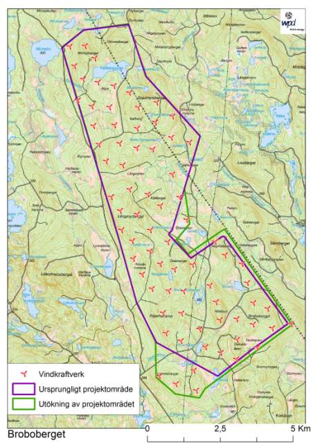 3.3. Utökning av Brobobergets vindkraftspark Efter att ha studerat olika möjligheter att expandera vindkraftsparken på Broboberget har wpd valt att föreslå att projektområdet utökas med ett större