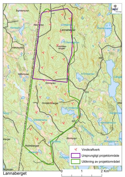 3.4. Utökning av Lannabergets vindkraftspark För Lannabergets vindkraftspark föreslår wpd att projektområdet ökar från 6 km 2 till 14 km 2 vilket kan öka antalet vindkraftverk där från 15-25 st till