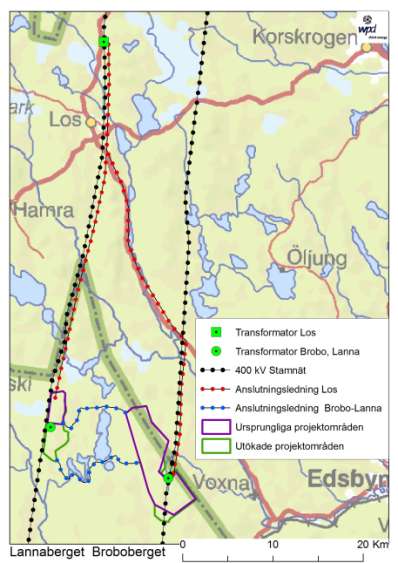 krävs det dock en 40-50 km lång anslutningsledning. Denna lösning är dessutom beroende av att flera vindkraftsprojekt tillhörande andra bolag genomförs vilket i sig är en osäkerhetsfaktor.