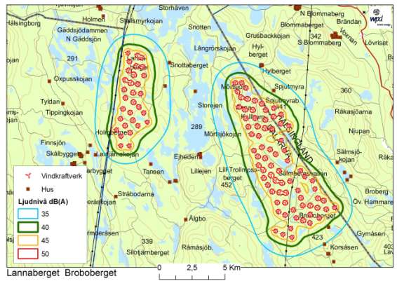 Ljudberäkning med 165 st Vestas V90 vindkraftverk varav 53 st på Lannaberget och 112 st på Broboberget. Den gröna linjen markerar riktvärdet 40 db(a).