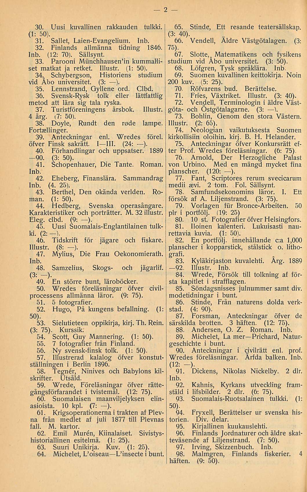 30. Uusi kuvallinen rakkauden tulkki. 31. Sallet, Laien-Evangelium. 32. Finlands allmänna tidning 1846. (12: 70). Sällsynt. 33. Parooni Miinchhausen'in kummalliset matkat ja retket. Illustr. 34.