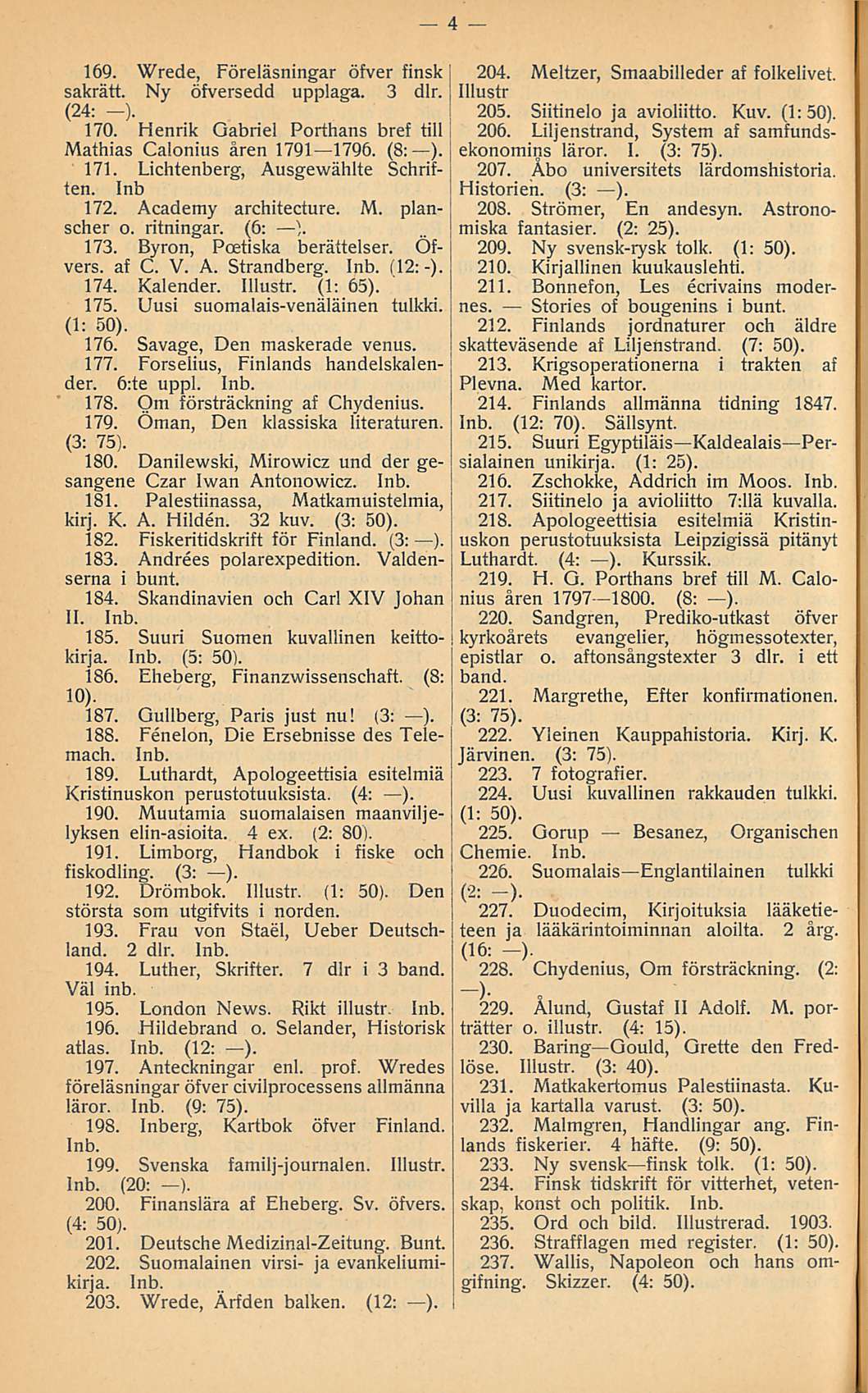 169. Wrede, Föreläsningar öfver finsk sakrätt. Ny öfversedd upplaga. 3 dlr. (24: -). 170. Henrik Gabriel Porthans bref tili Mathias Calonius åren 1791 1796. (8: ). 171.