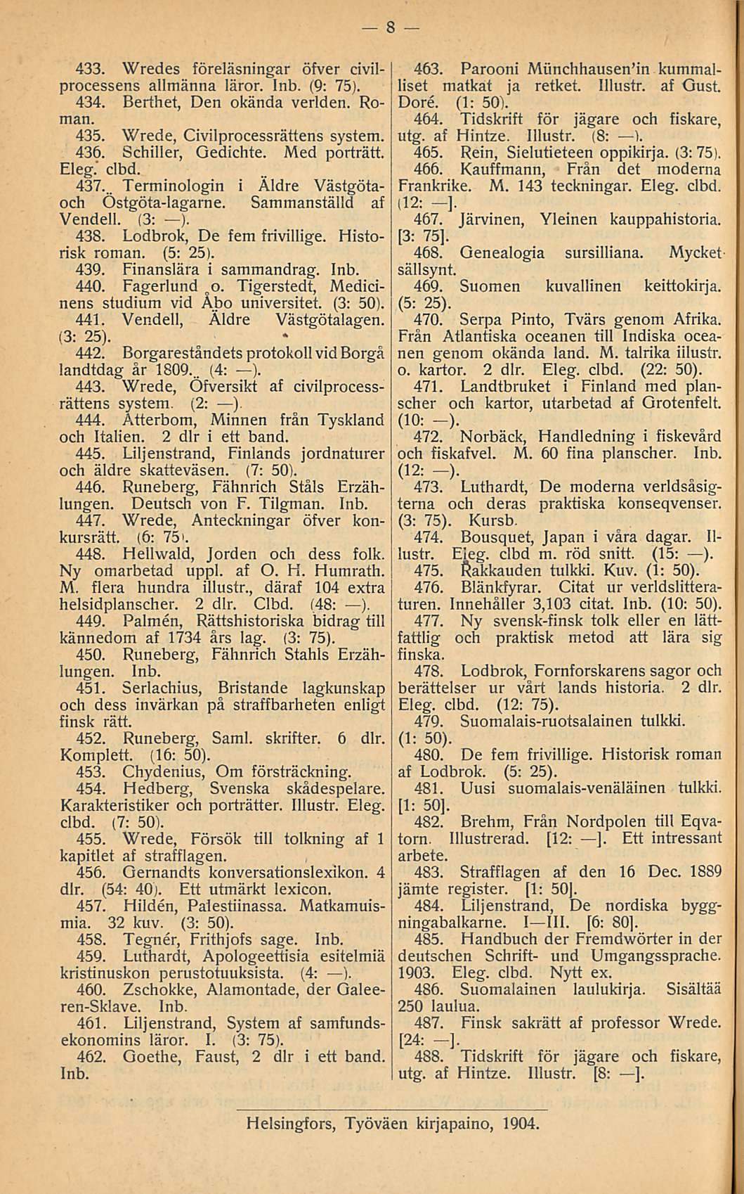 433. Wredes föreläsningar öfver civilprocessens allmänna läror. (9: 75). 434. Berthet, Den okända verlden. Roman. 435. Wrede, Civilprocessrättens system. 436. Schiller, Qedichte. Med porträtt. Eleg.
