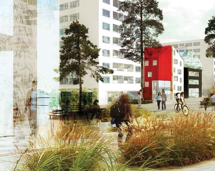 Programförslaget Park och plats Visionsbild. I den centrala delen av Eriksberg föreslås en högre täthet av bebyggelse, verksamheter och aktiviteter.