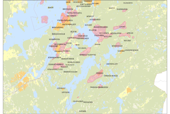 Hemsjö - Ödenäs Vy från Ödenäs kyrktorn. Landskapsbilden Den södra delen av Alingsås kommun bjuder på ett landskap, rikt på sjöar, skogar och höjder med vidsträckta utsikter.